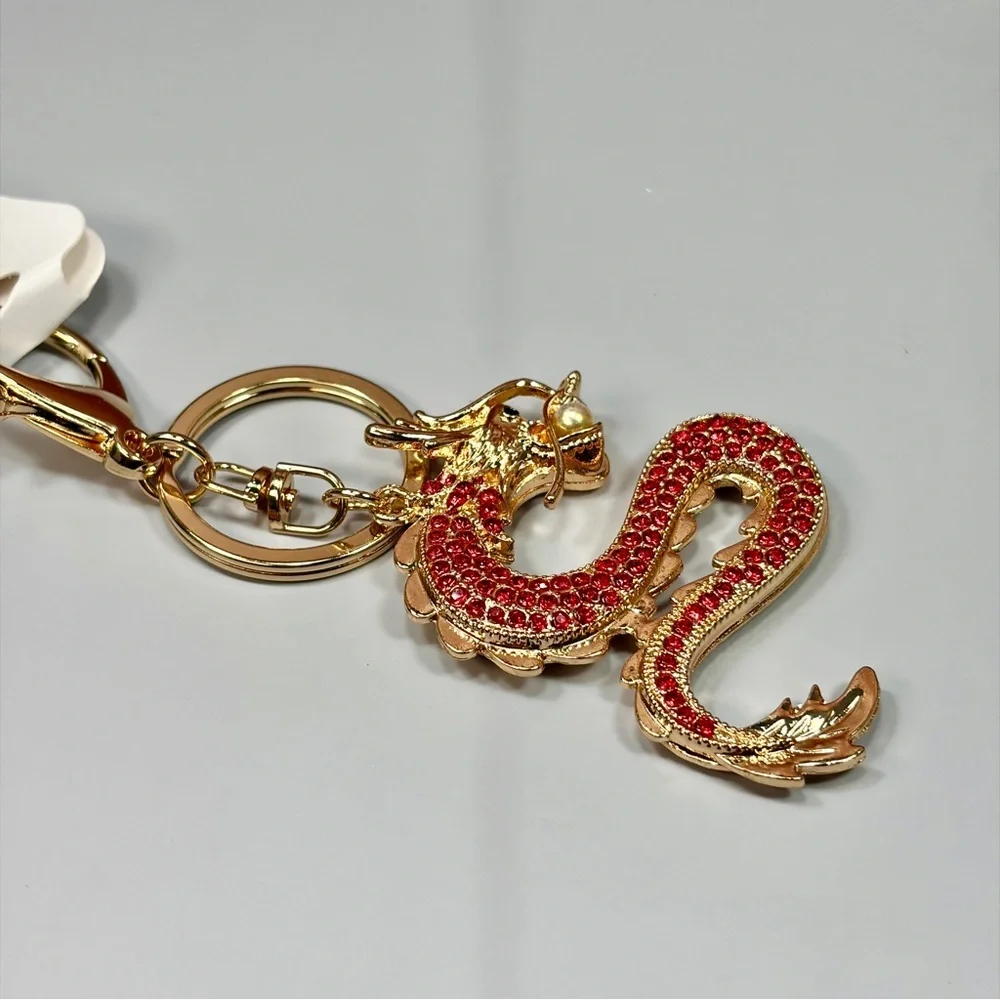 Asian Gold Dragon Keychain with Red Crystal Accents